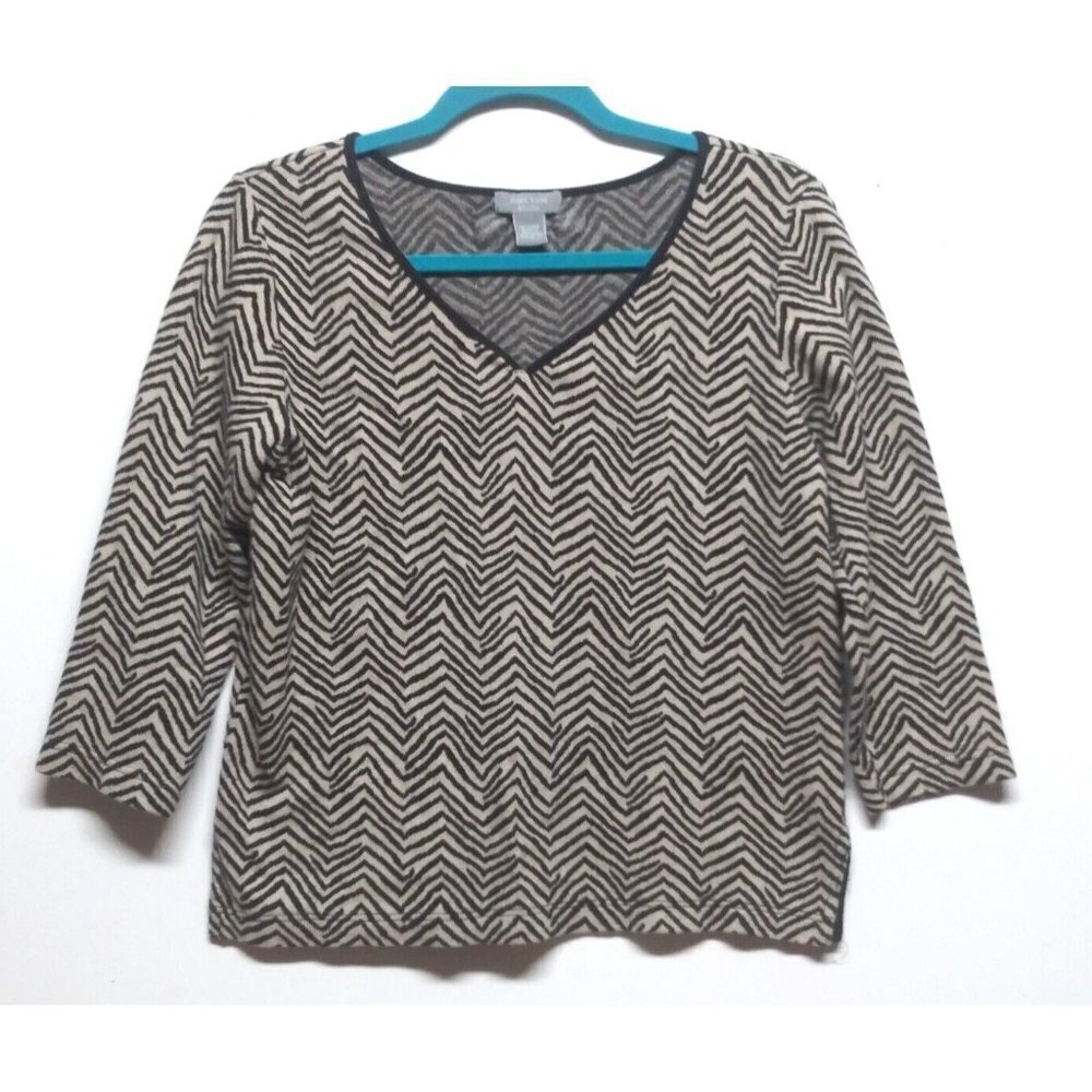 JOAN VASS STUDIO top thick knit stretch pullover sweater Sz M geometric zigzag